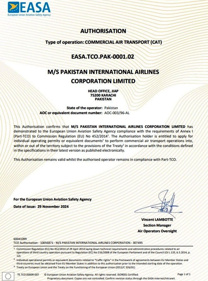 EASA lift ban on PIA for flights